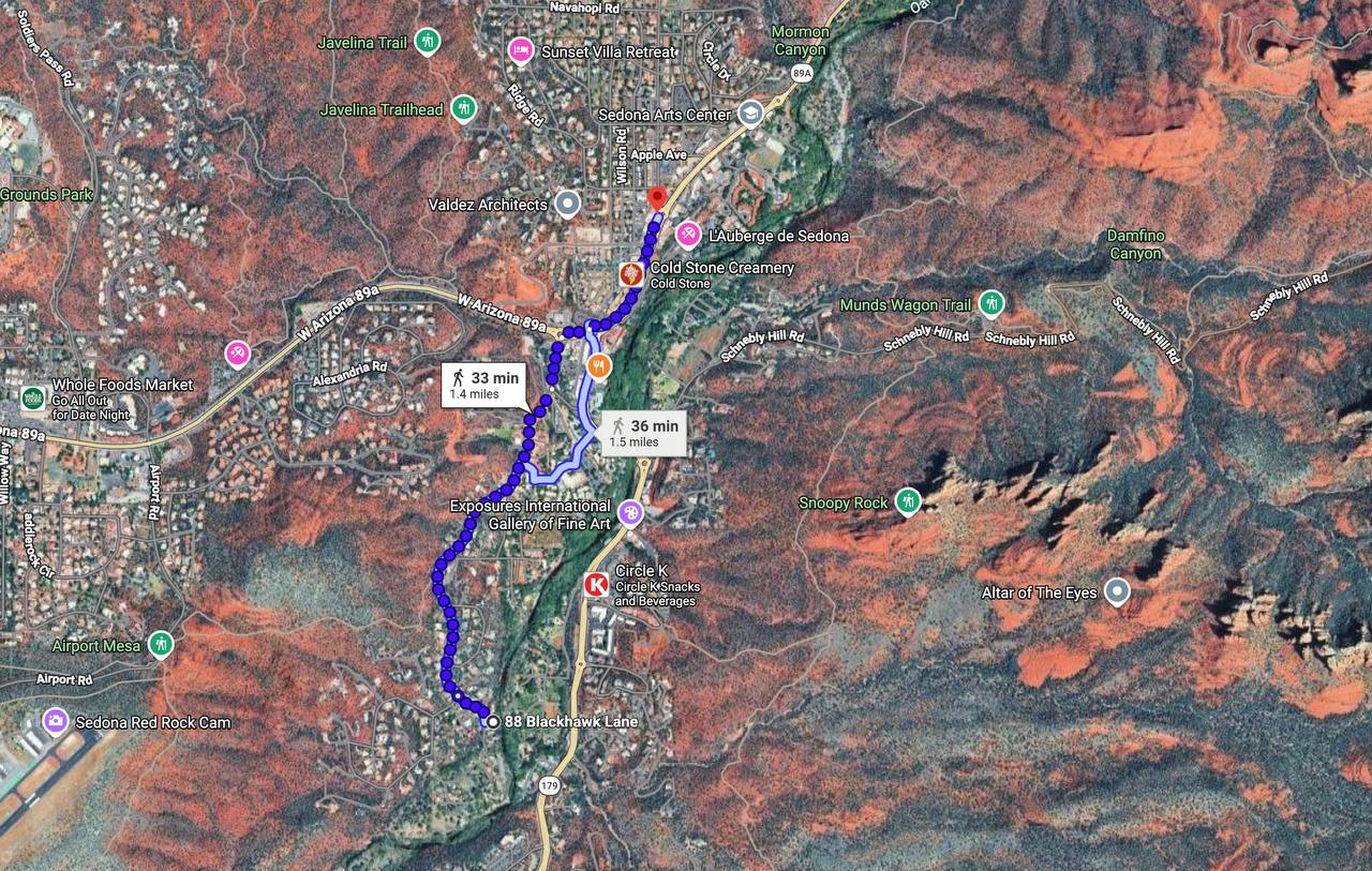 Walking map from Creekside 88 to Uptown Sedona — 1.5 miles, 33 minutes